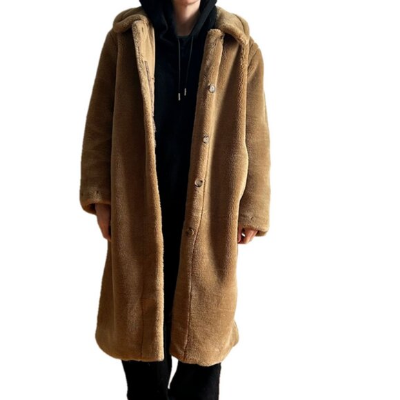 H&M Jackets & Blazers - H&M Sz M Tan Brown Long Relaxed Button Front Faux Fur Coat